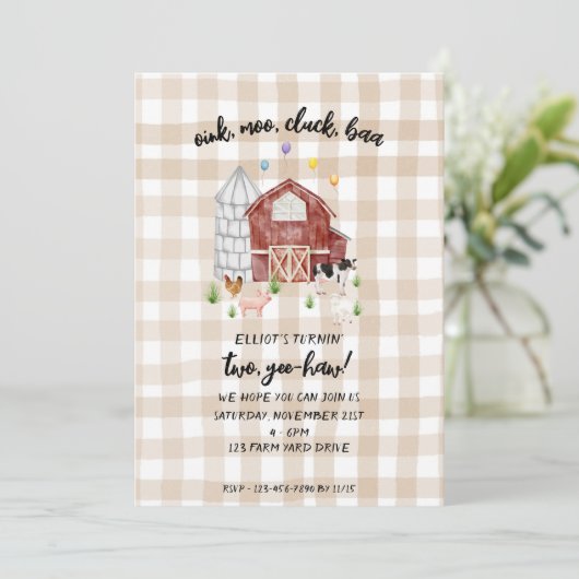 Tan Gingham Farmyard Animal Barnyard Birthday Einladung (Stehend Vorderseite)
