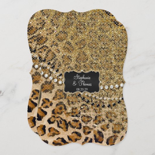 Tan Gold Leopard Animal Print Glitzer Hochzeit Einladung (Vorne/Hinten)