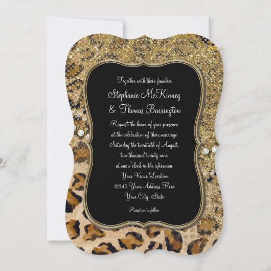Tan Gold Leopard Animal Print Glitzer Hochzeit Einladung (Rückseite)