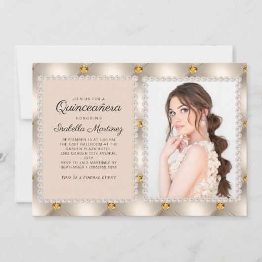 Tan Gold Satin Pearls Jewels Foto Quinceañera Einladung (Vorderseite)