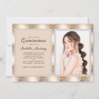 Tan Gold Satin Pearls Jewels Foto Quinceañera