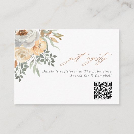 Tan & Gray Floral QR Code Geschenkregister Begleitkarte (Vorderseite)