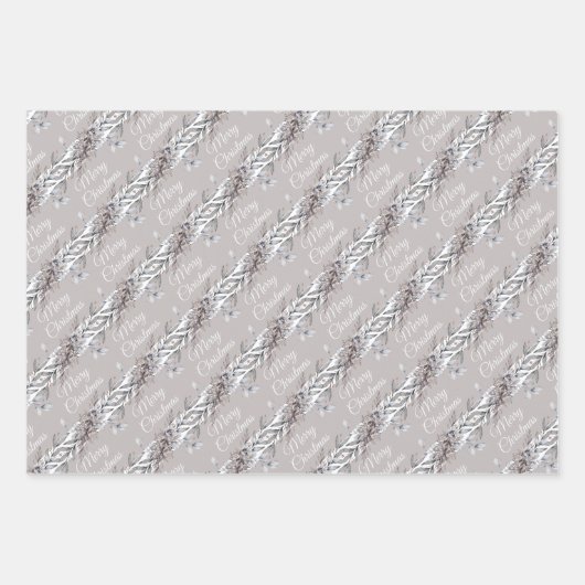 Tan, Gray und Blue Winter Foliage Frohe Weihnachte Geschenkpapier Set (Vorderseite)