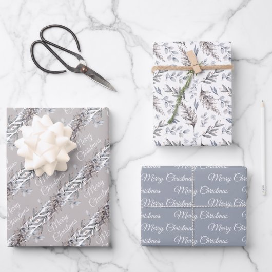 Tan, Gray und Blue Winter Foliage Frohe Weihnachte Geschenkpapier Set (Vorderseite)