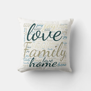 Tan Green Blue Liebe Family Zuhause Word Cloud Kissen