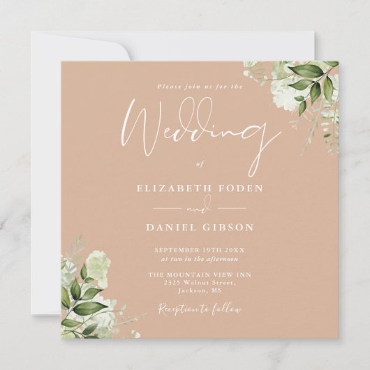 Tan Greenery Floral Monogram Square Wedding Einladung (Vorderseite)