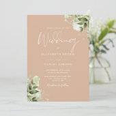 Tan Greenery Floral Monogram Wedding Einladung (Stehend Vorderseite)