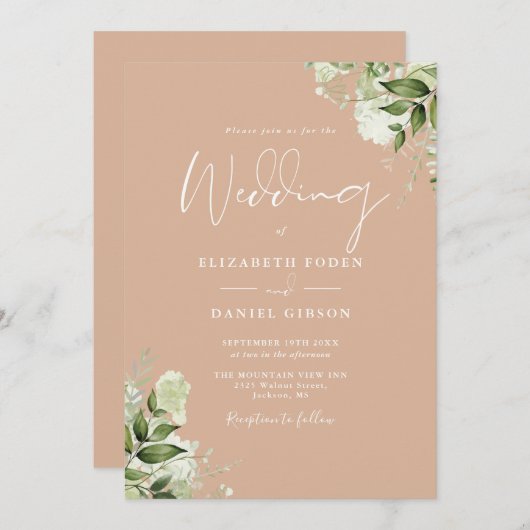 Tan Greenery Floral Monogram Wedding Einladung (Vorne/Hinten)