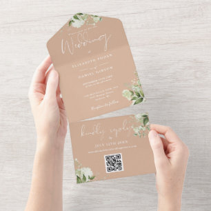 Tan Greenery Floral QR Code Monogram Wedding All In One Einladung