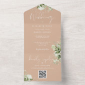 Tan Greenery Floral QR Code Monogram Wedding All In One Einladung (Innen Boden)