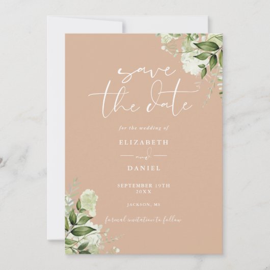 Tan Greenery Floral QR Code Wedding Save The Date (Vorderseite)