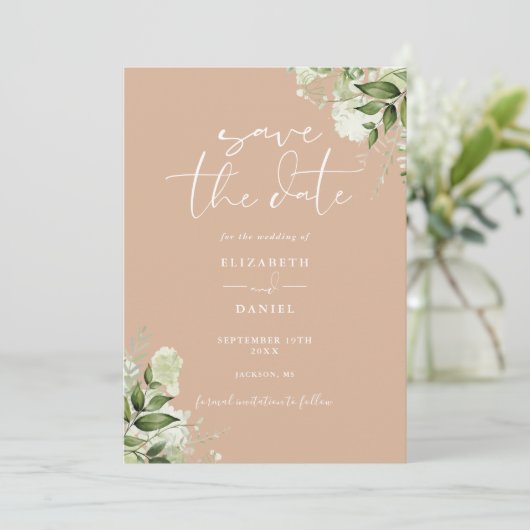 Tan Greenery Floral QR Code Wedding Save The Date (Stehend Vorderseite)