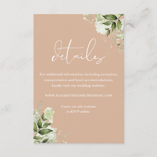 Tan Greenery Floral Wedding Details Begleitkarte (Vorderseite)