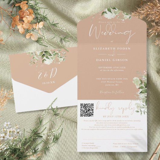 Tan Greenery Monogram QR Code Wedding All In One Einladung
