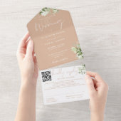 Tan Greenery Monogram QR Code Wedding All In One Einladung (Abreißen)