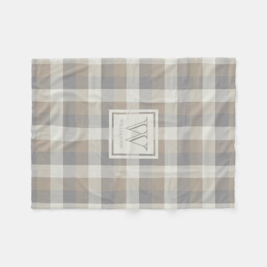 Tan Grey and Ivory Neutry Rustic Kariert Monogram Fleecedecke (Vorderseite (Horizontal))