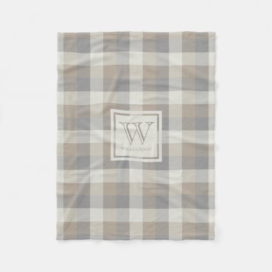 Tan Grey and Ivory Neutry Rustic Kariert Monogram Fleecedecke (Vorderseite)