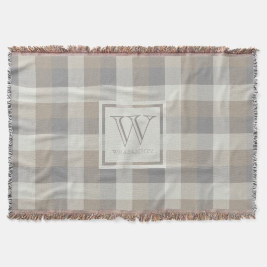 Tan Grey Ivory Neutral Rustic Kariert Monogram Decke (Vorderseite)
