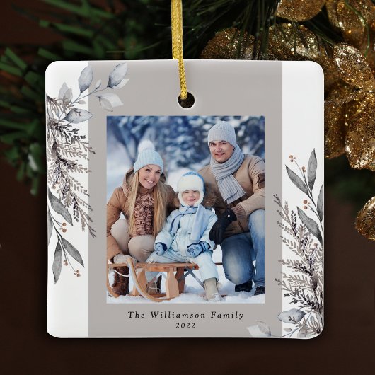 Tan & Grey Winter Foliage Foto Weihnachten Keramikornament