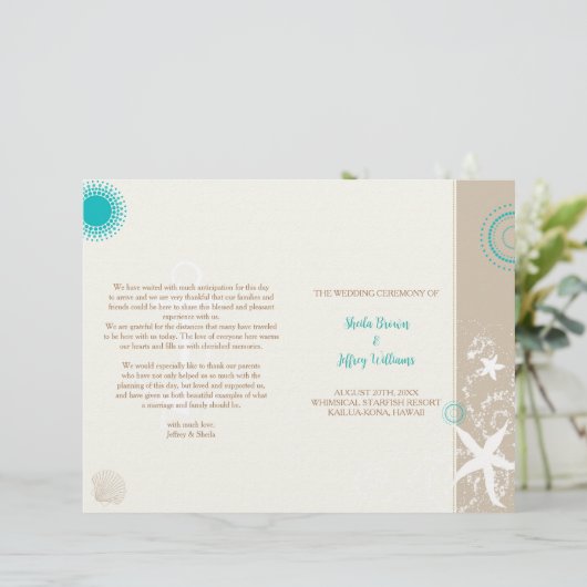 Tan Ivory Aqua Beach Wedding BiFold Programm (Stehend Vorderseite)