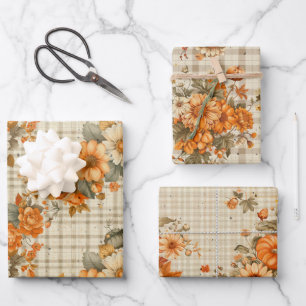 TAN KARIERTES PATTER MIT HÜBSCHEN ORANGE FALL BLUM GESCHENKPAPIER SET