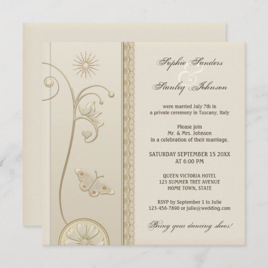 Tan Lace Floral nach oder nach Hochzeit Einladung (Vorne/Hinten)