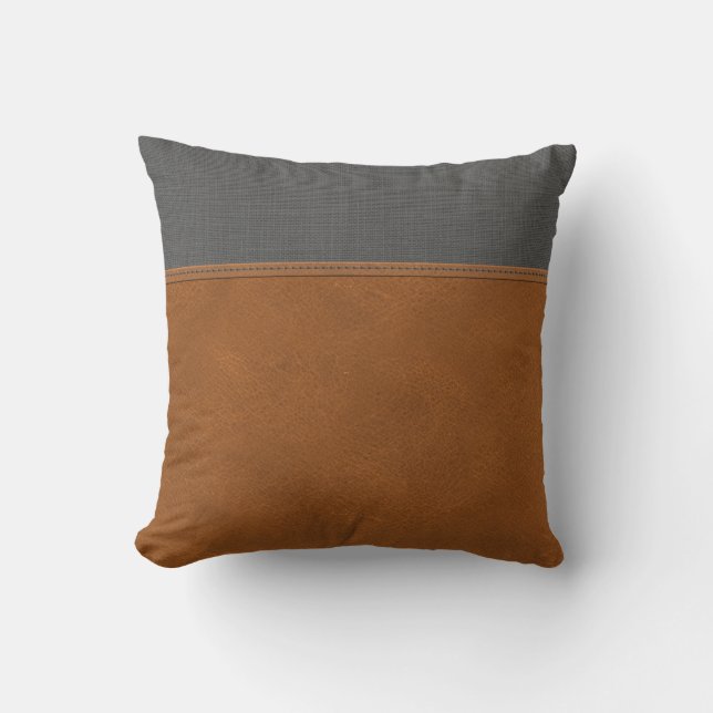 Tan Leather Gray Linen Look Chic Minimal Bauernhof Kissen (Vorderseite)