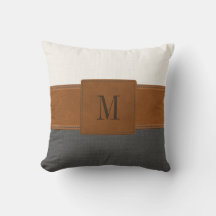 Tan Leather Gray White Linen Farmhouse Monogram