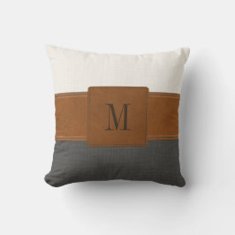 Tan Leather Gray White Linen Farmhouse Monogram Kissen