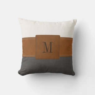 Tan Leather Gray White Linen Farmhouse Monogram Kissen
