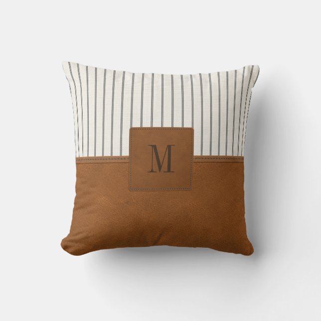 Tan Leather Strick White Linen Monogram Bauernhof Kissen (Vorderseite)