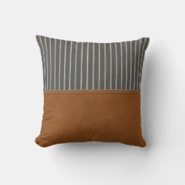 Tan Leather Striped Gray Linen Minimaler Bauernhof Kissen