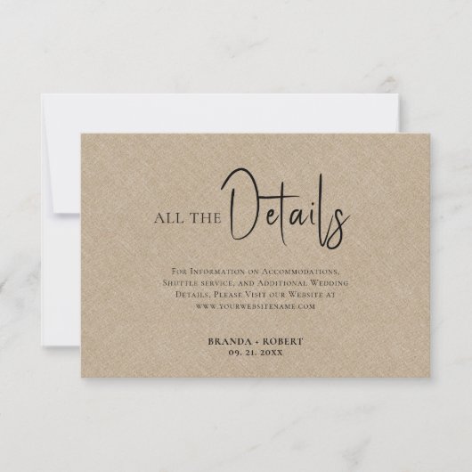 Tan Linen Simple Black Script Wedding Details Einladung (Vorderseite)