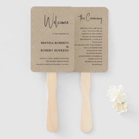 Tan Linen Simple Black Script Wedding Hand Fan Fächer (Vorne und Hinten)