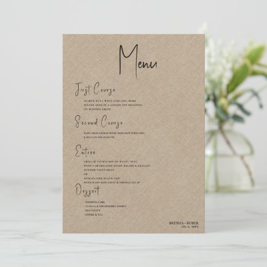 Tan linen Simple Black Script Wedding Menu Einladung (Stehend Vorderseite)