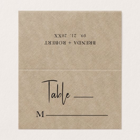 Tan Linen Simple Black Script Wedding Platzkarte Visitenkarten (Außenseite Aufgefaltet)
