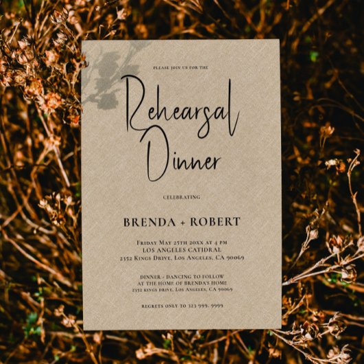 Tan linen Simple White Script Probe Dinner Einladung