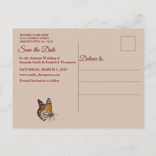 Tan - Marsala Wine & Textured Save the Date Ankündigungspostkarte (Rückseite)