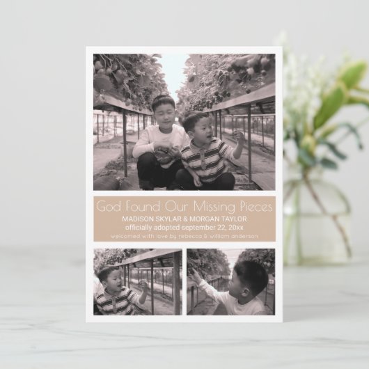 Tan Modern Minimalistisch Child Adoption 3 Foto Ankündigung (Stehend Vorderseite)
