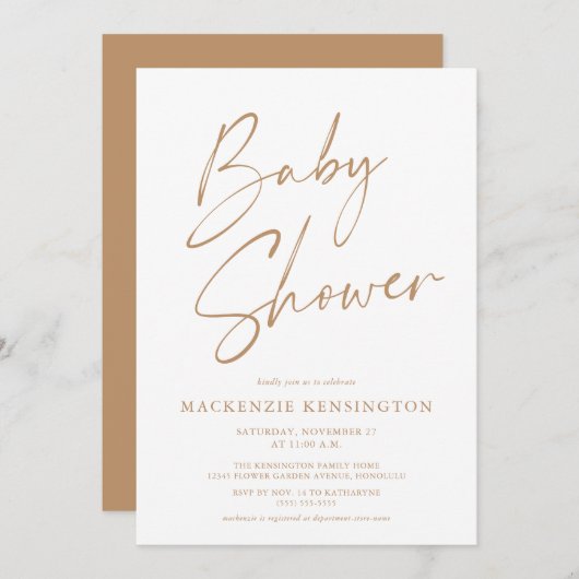 Tan Modern Minimalistisch Script Baby Dusche laden Einladung (Vorne/Hinten)