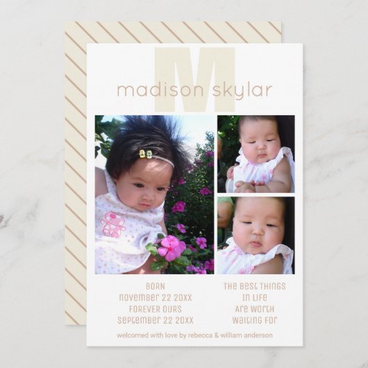 Tan Monogram Simple Adoption 3 Foto Collage Ankündigung (Vorne/Hinten)