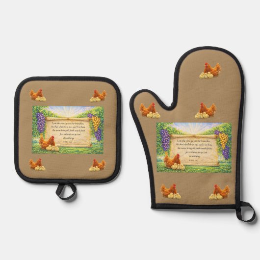 Tan Ofenhandschuh & Topflappen Set mit Bibelvers (Vorderseite)