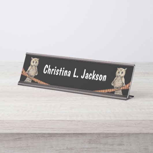 Tan Owls Hübsche Gesichter auf den Zweigen Blue-Ke Schreibtischnamensplakette (Vorderseite )