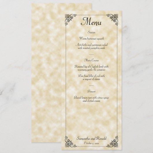 Tan Perchment Paper Style Wedding Menu Card Einladung (Vorne/Hinten)
