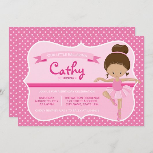 Tan Pink Ballerina Birthday Einladung (Vorne/Hinten)