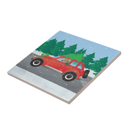 Tan Plott Hound Fahren Weihnachtswagen Fliese (Seite)