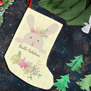 Tan Rabbit Pink Gold Poinsettia Floral Kleiner Weihnachtsstrumpf