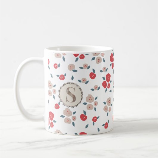 Tan Red Floral Farmhouse, Country Rustic Monogram Kaffeetasse (Links)