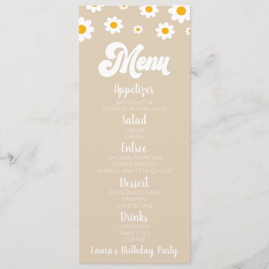 Tan Retro Daisy Blume Geburtstagsessen Menükarte (Vorderseite)