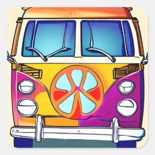 Tan Retro Hippie Van Vintag Art Quadratischer Aufkleber